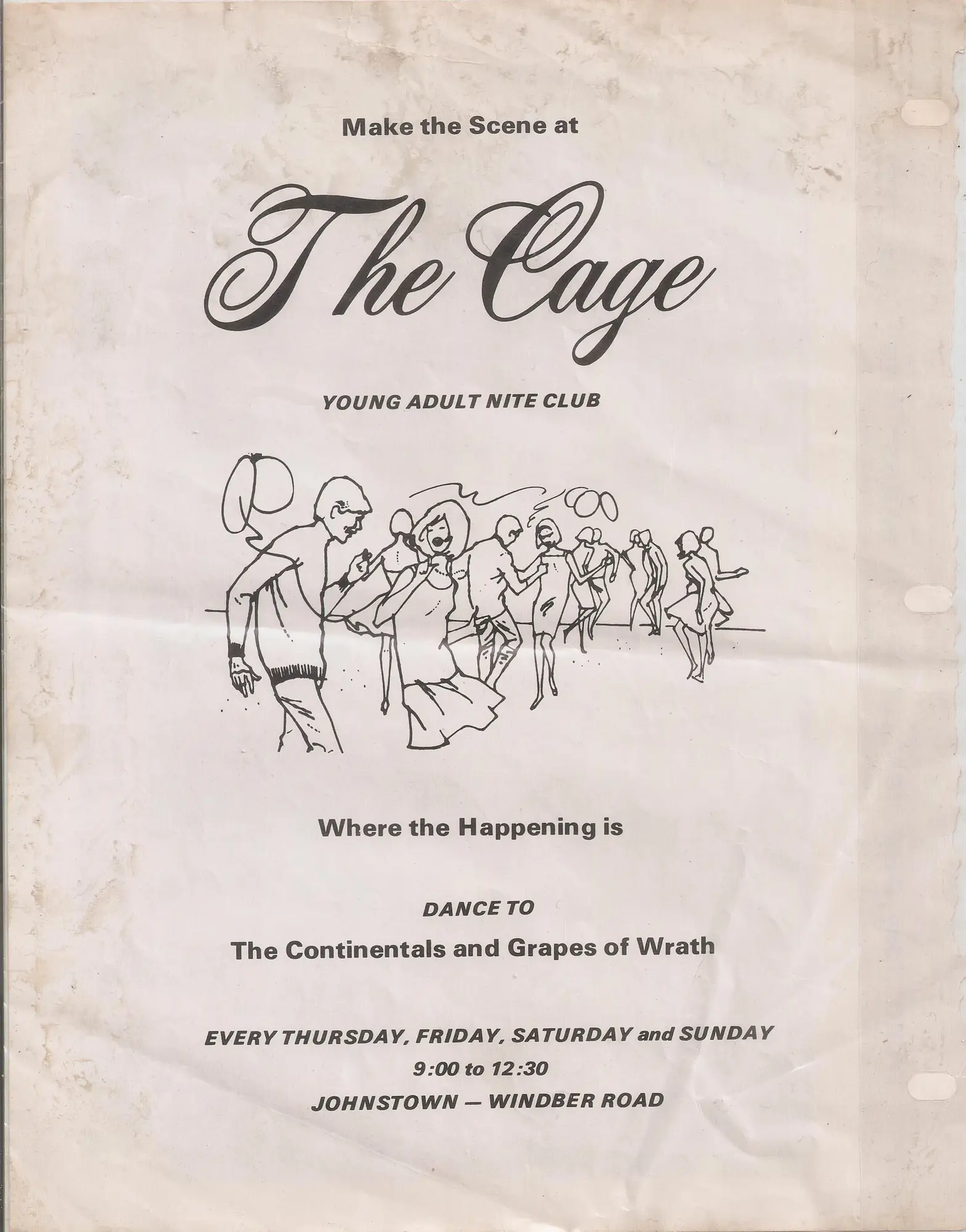 A flyer for The Cage young-adult nite club, billing the Continentals and Grapes of Wrath