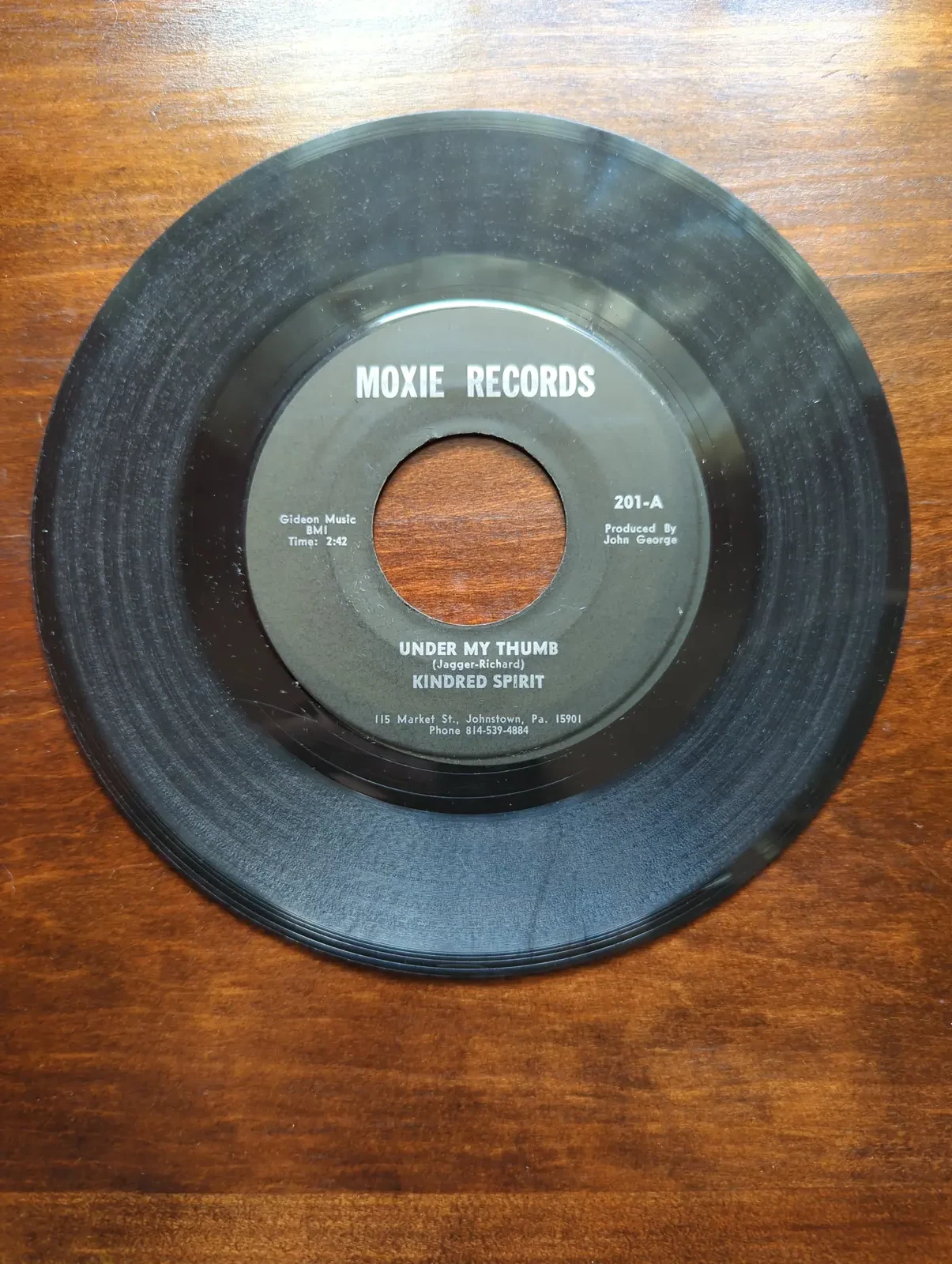 The &lsquo;Under My Thumb&rsquo; 45 by Kindred Spirit on Moxie Records