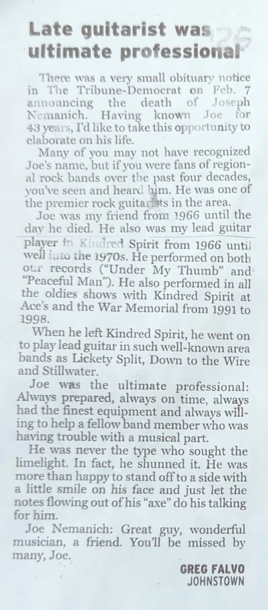 Greg Falvo's Tribune-Democrat tribute to Joe Nemanich